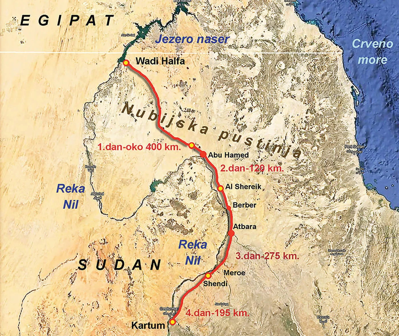 Trasa kroz Sudan vodila je kroz Nubijsku pustinju u kojoj uopšte nije bilo puteva