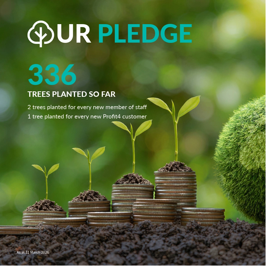 Graphic showing 336 trees planted so far with small plants growing from stacks of coins on soil, symbolising growth and environmental commitment.
