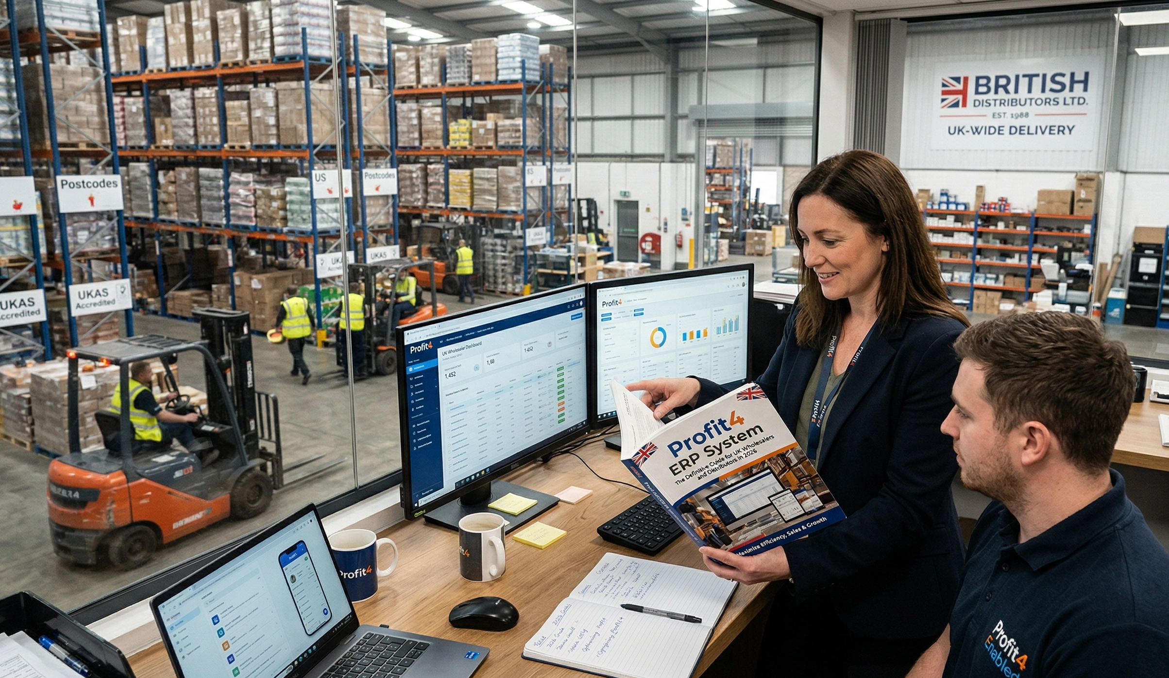 Porit4 on screen of laptop with workers around in warehouse