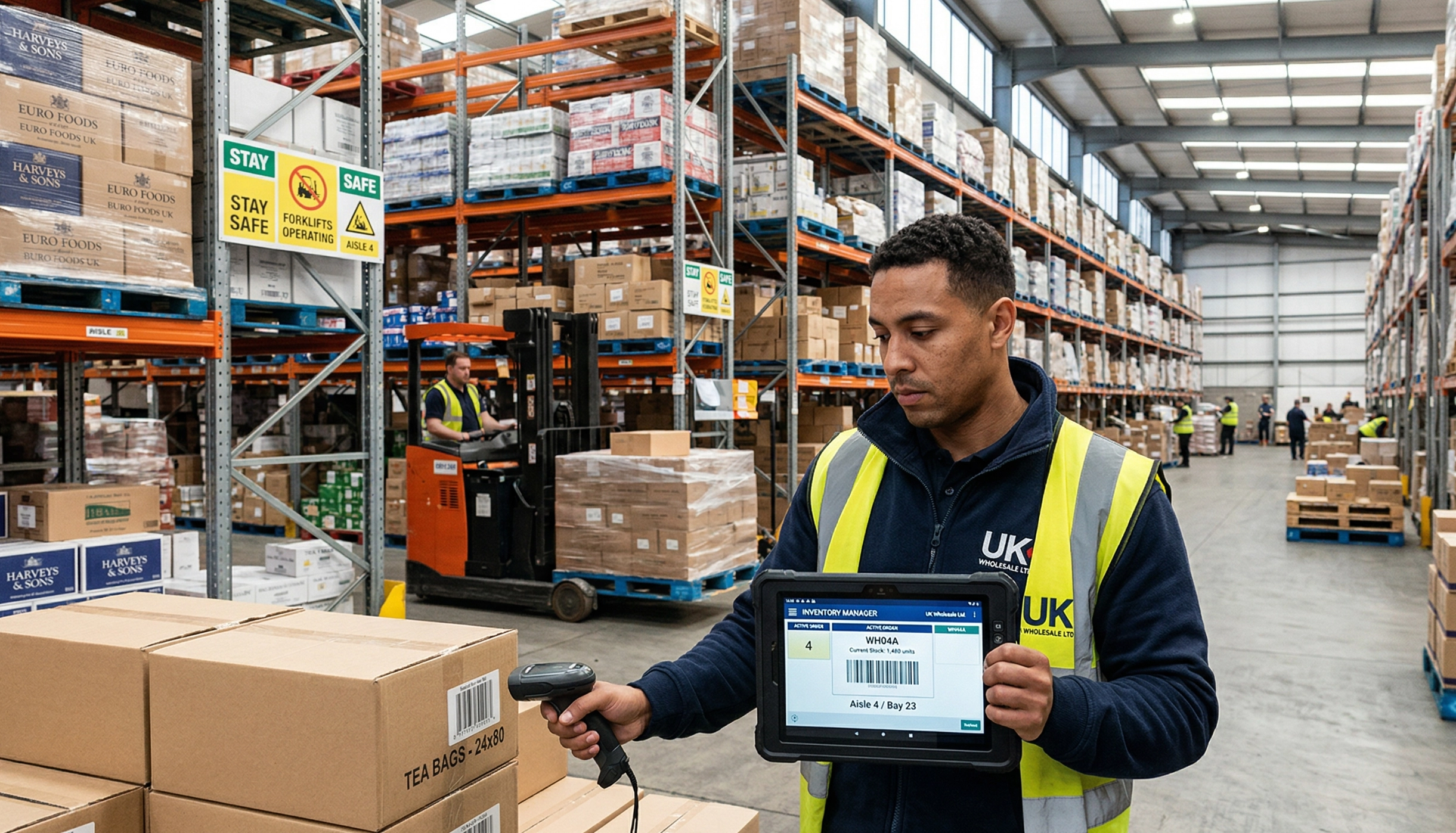 Worker using barcode scanning for picking and packaing