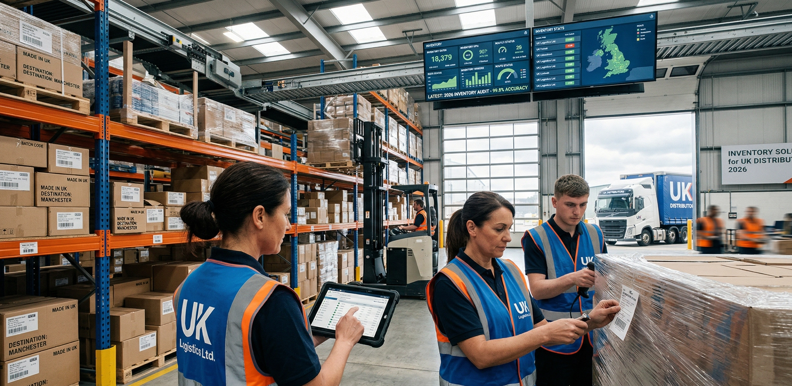 UK Warehouse workers around an inventory management dashboard4