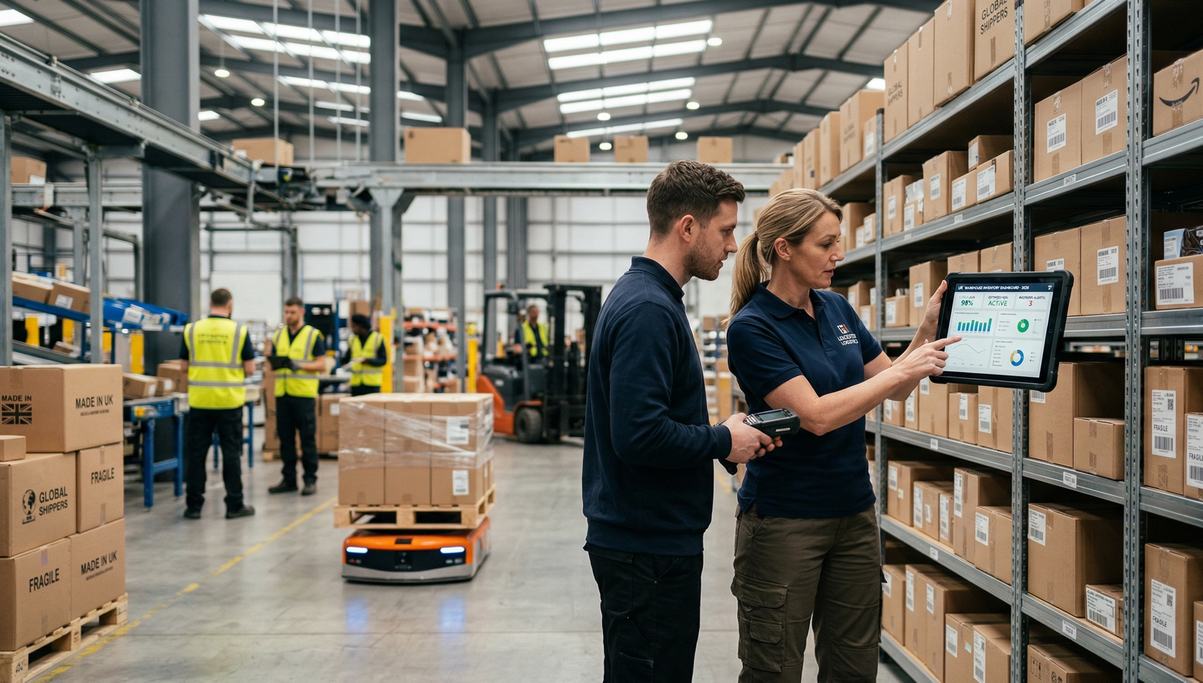 Warehouse workers using tablets in warehouse