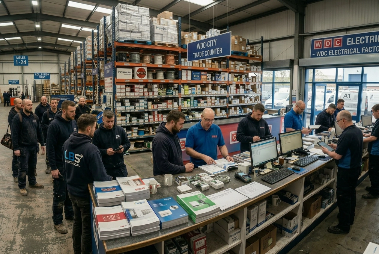 busy UK electrical wholesaler's trade counter wide angle
