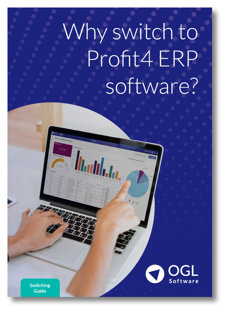 Booklet titled 'Why switch to Profit4 ERP software?' showing hands at a keyboard and OGL Software logo.
