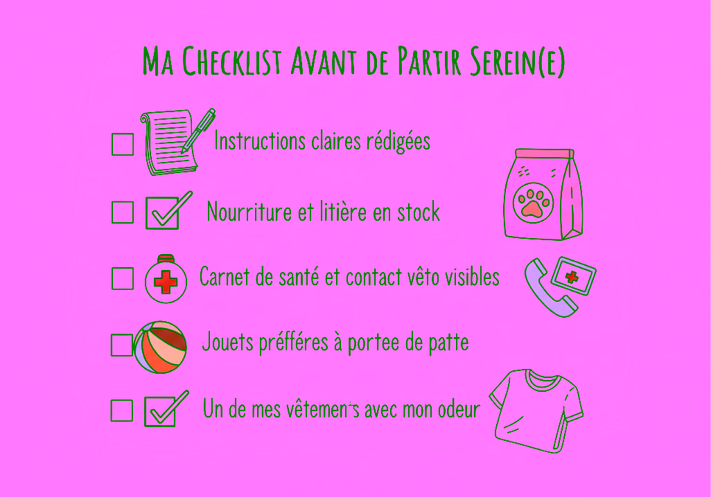 Aperçu d'une checklist pour préparer la venue de ma Pet Sitter pendant mon absence.