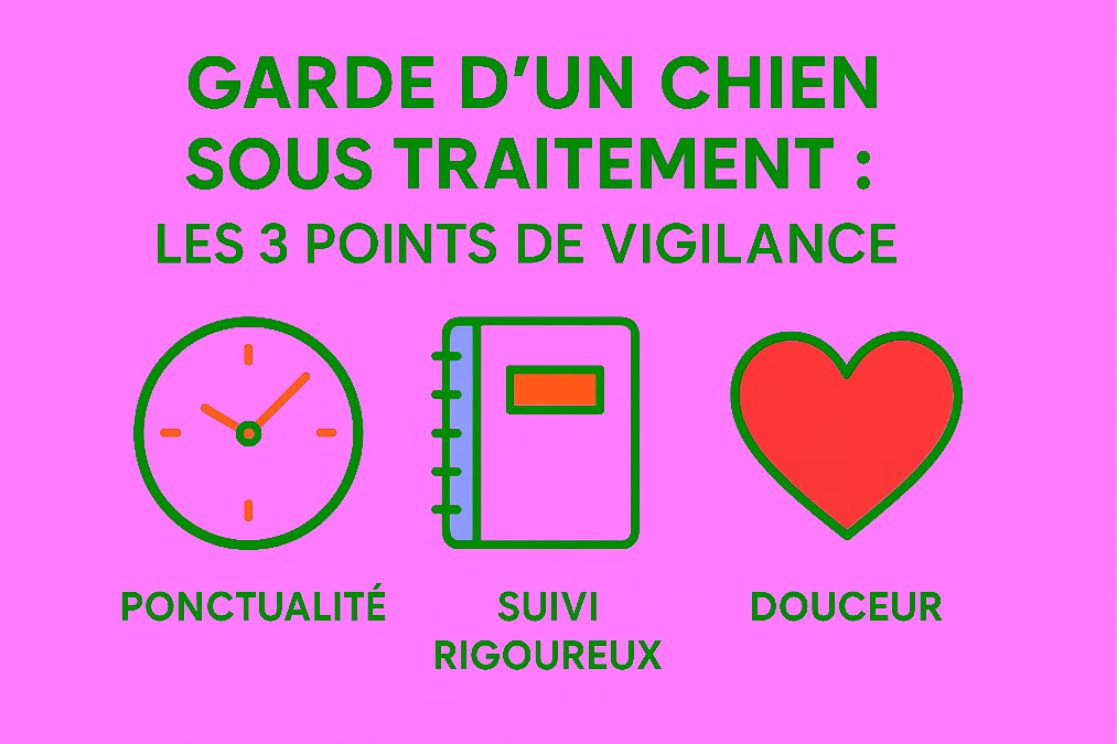 Infographie mentionnant les points important d'une garde d'un chien sous traitement, à savoir : La ponctualité, un suivi rigoureux et de la douveur.