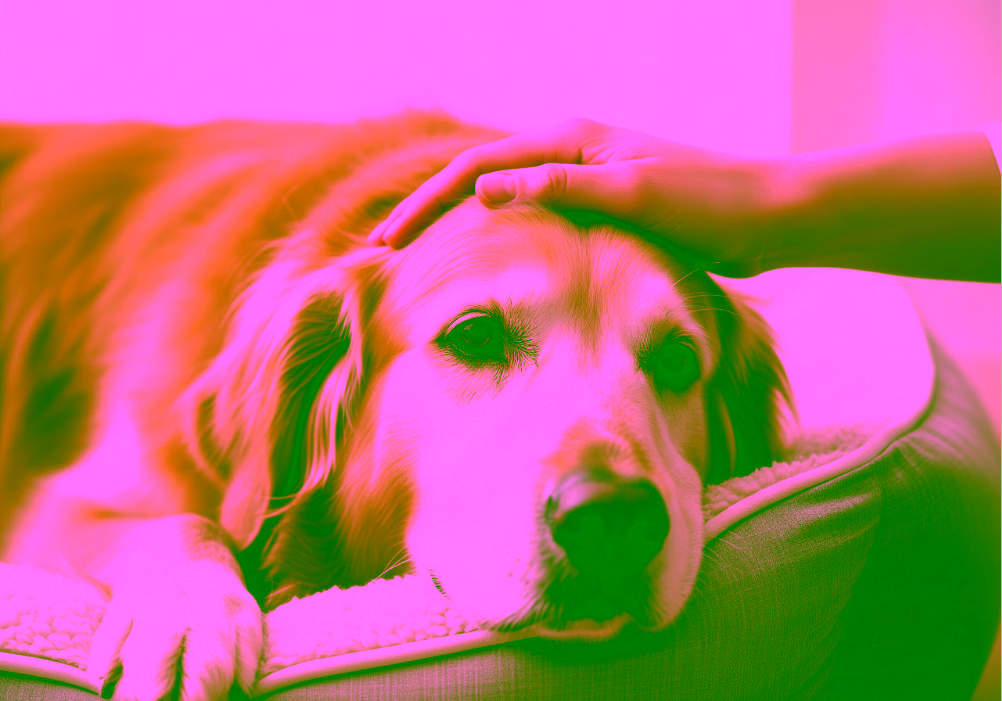 Chien carressé par la main d'une femme.
