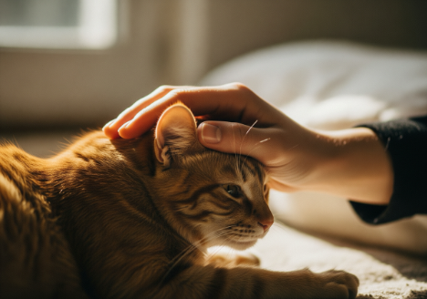 Un homme caresse la tête d'un chat.