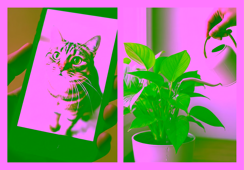 Un smartphone avec une photo de chat. Une personne en train d'arroser une plante d'un appartement.-