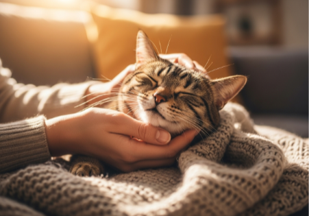 Chat câliné par son propriétaire.