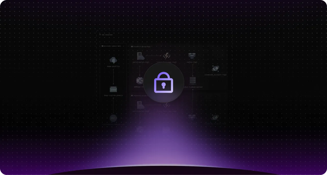 Purple lock icon glowing above a dark horizon with faint cloud infrastructure diagram in the background.