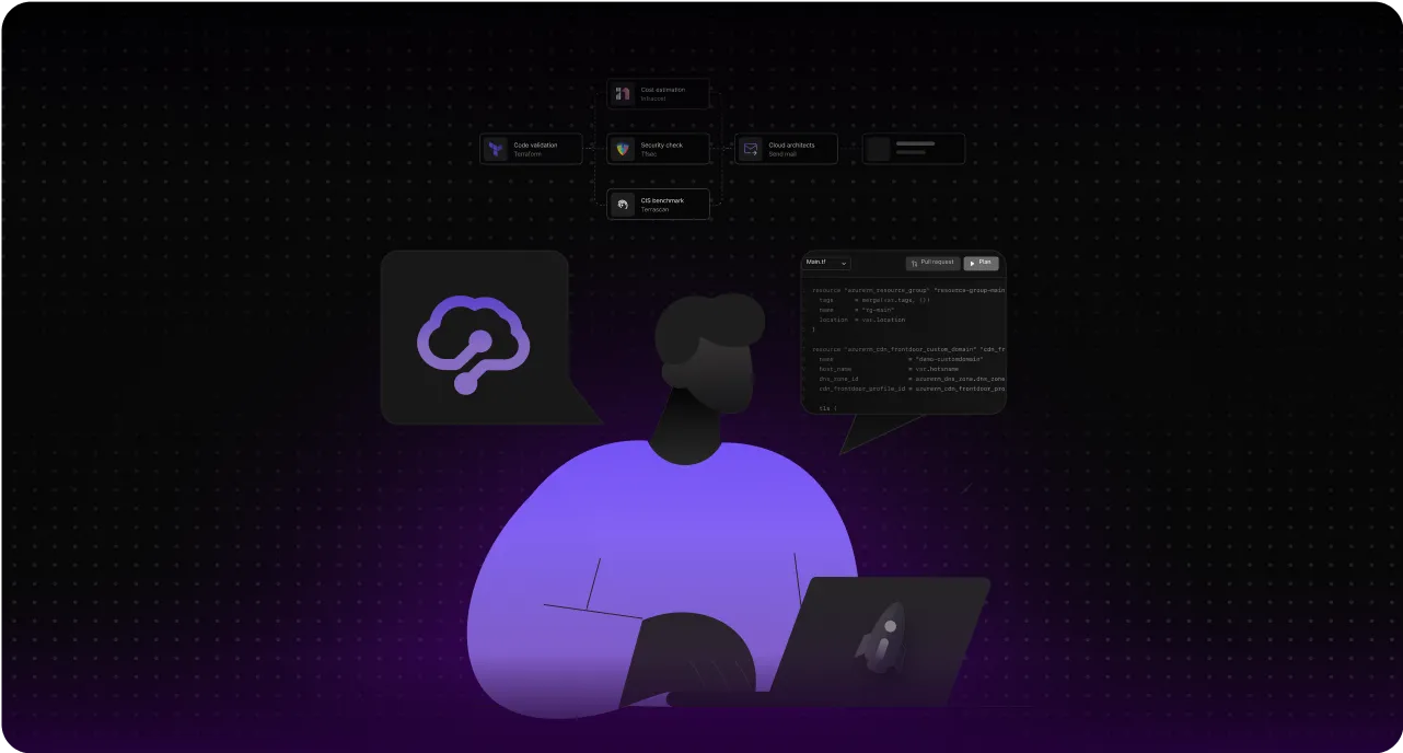 Illustration of a person working on a laptop with AI and code-related icons and text floating above against a dark dotted background.