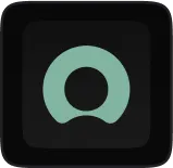 Green abstract circular shape resembling a stylized 'Q' on a black square background.