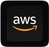 AWS logo with white letters and an orange curved arrow underneath on a black background.