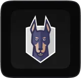 Stylized Doberman dog head emblem with a shield-shaped background on black.