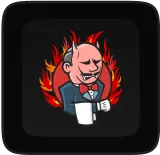 Cartoon of a small devil with red skin, horns, and flames behind him, wearing a suit and holding a white mug with a skull on it.