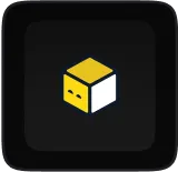 Yellow and white 3D cube icon with black dots on a dark background.