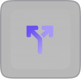 Purple icon of two arrows diverging left and right on a dark square background.