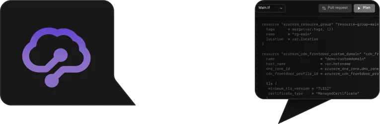 Illustration of a black laptop with a purple cloud icon on the left side and code displayed inside a speech bubble on the right side.