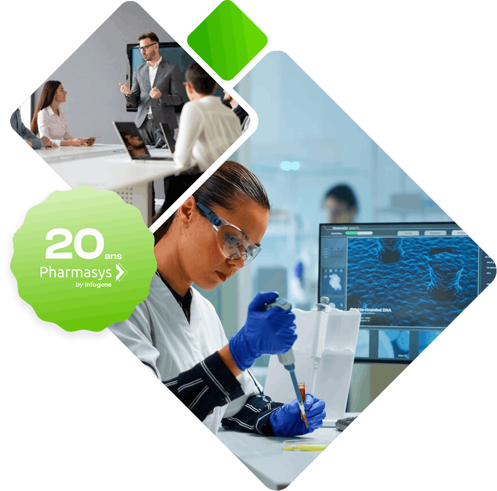 Collaboratrice en laboratoire pharmaceutique réalisant des analyses, avec en arrière-plan une réunion professionnelle et un badge « 20 ans Pharmasys 