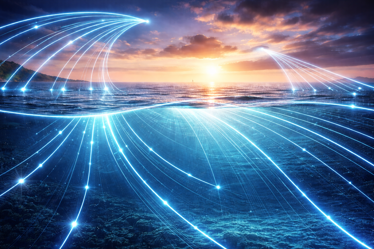 Bright lines symbolizing interconnected ocean technology float above and below the ocean at sunset