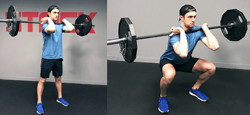 Man with blue shirt doing front squat