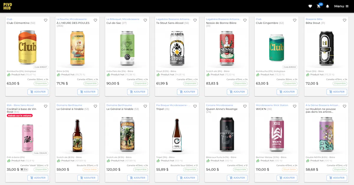 Une fiche produit de boisson de haute qualité dans l'interface de la place de marché PivoHub