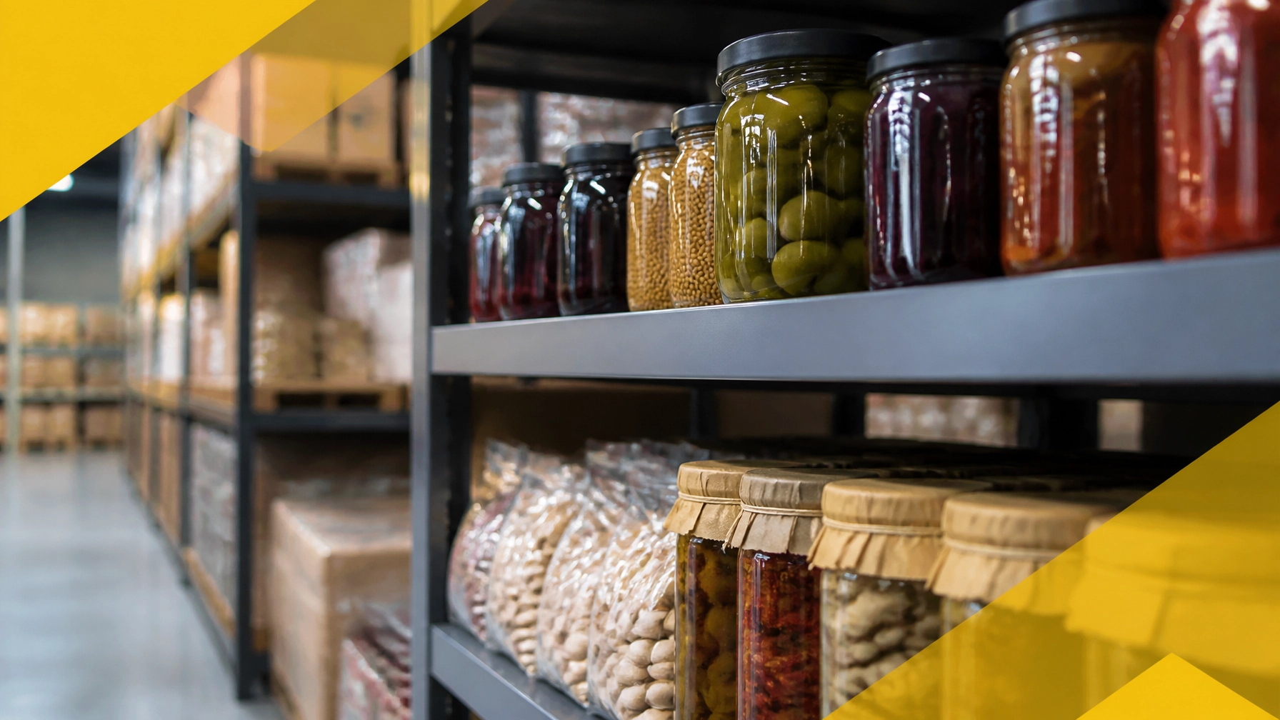 Une scène d'entrepôt propre avec des produits alimentaires spécialisés sur des étagères, représentant des marchandises qui nécessitent un suivi précis.