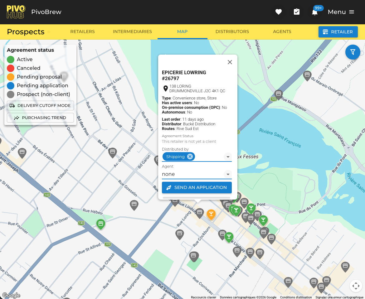 PivoHub Prospect Map showing sales territories and account status