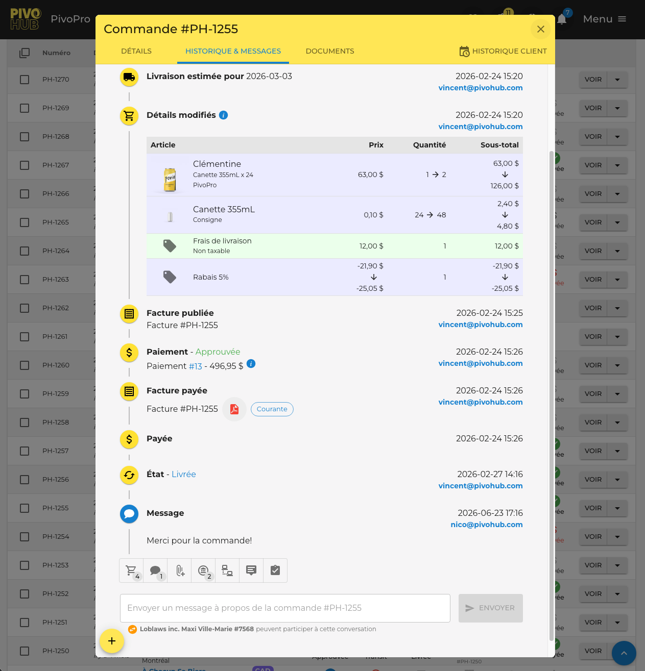Order History and Messaging Interface for paperless communication