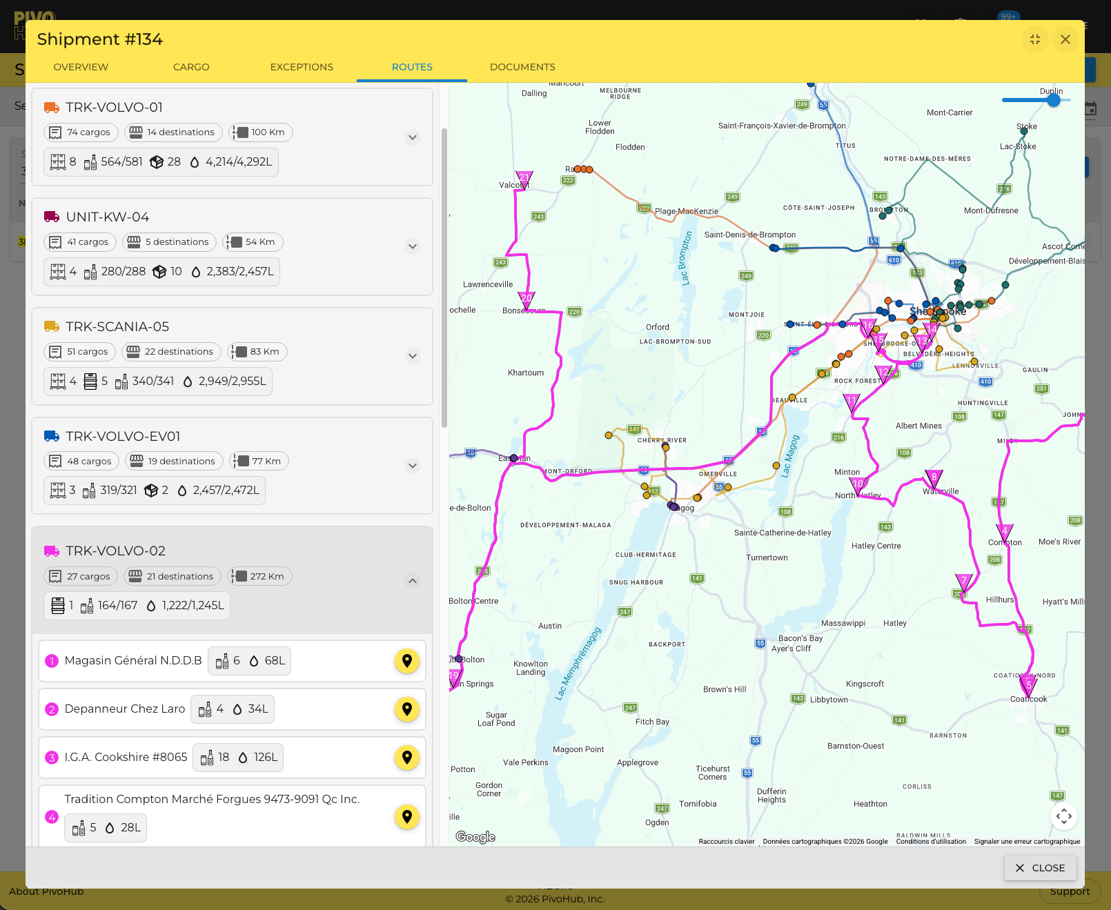 Interface de planification d'itinéraires et d'opérations de livraison de PivoHub