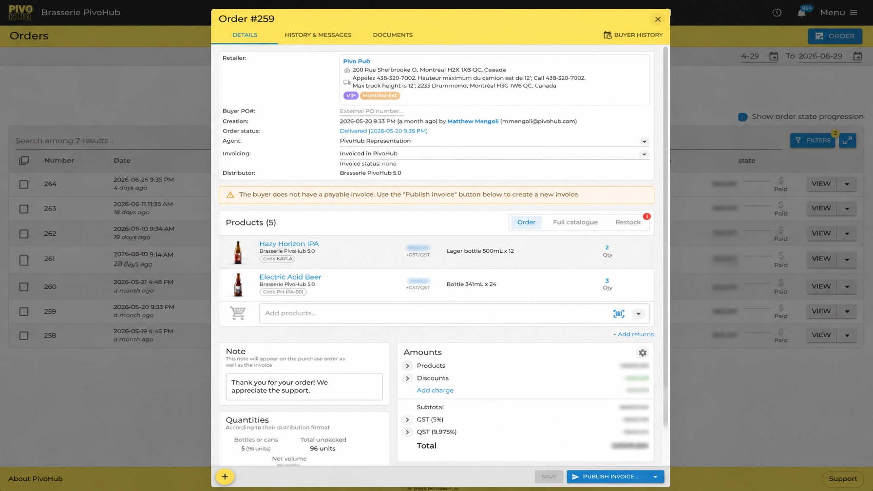 Vue de la gestion des commandes PivoHub connectant les produits, le traitement et la facturation