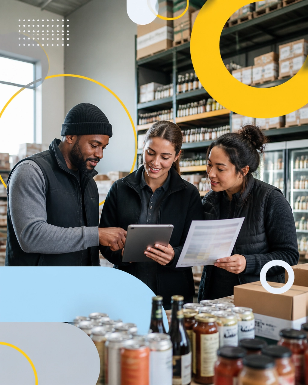 Équipe de distribution de produits alimentaires et de boissons collaborant avec un flux de commandes connecté