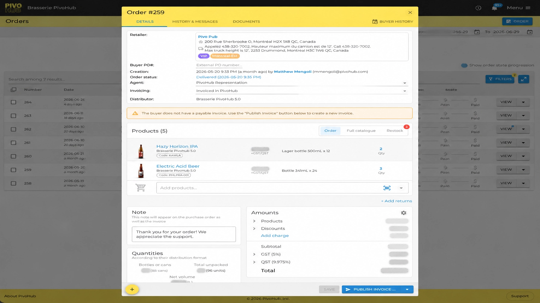 Interface de gestion de commandes connectée liant les commandes de gros, l'exécution et la facturation