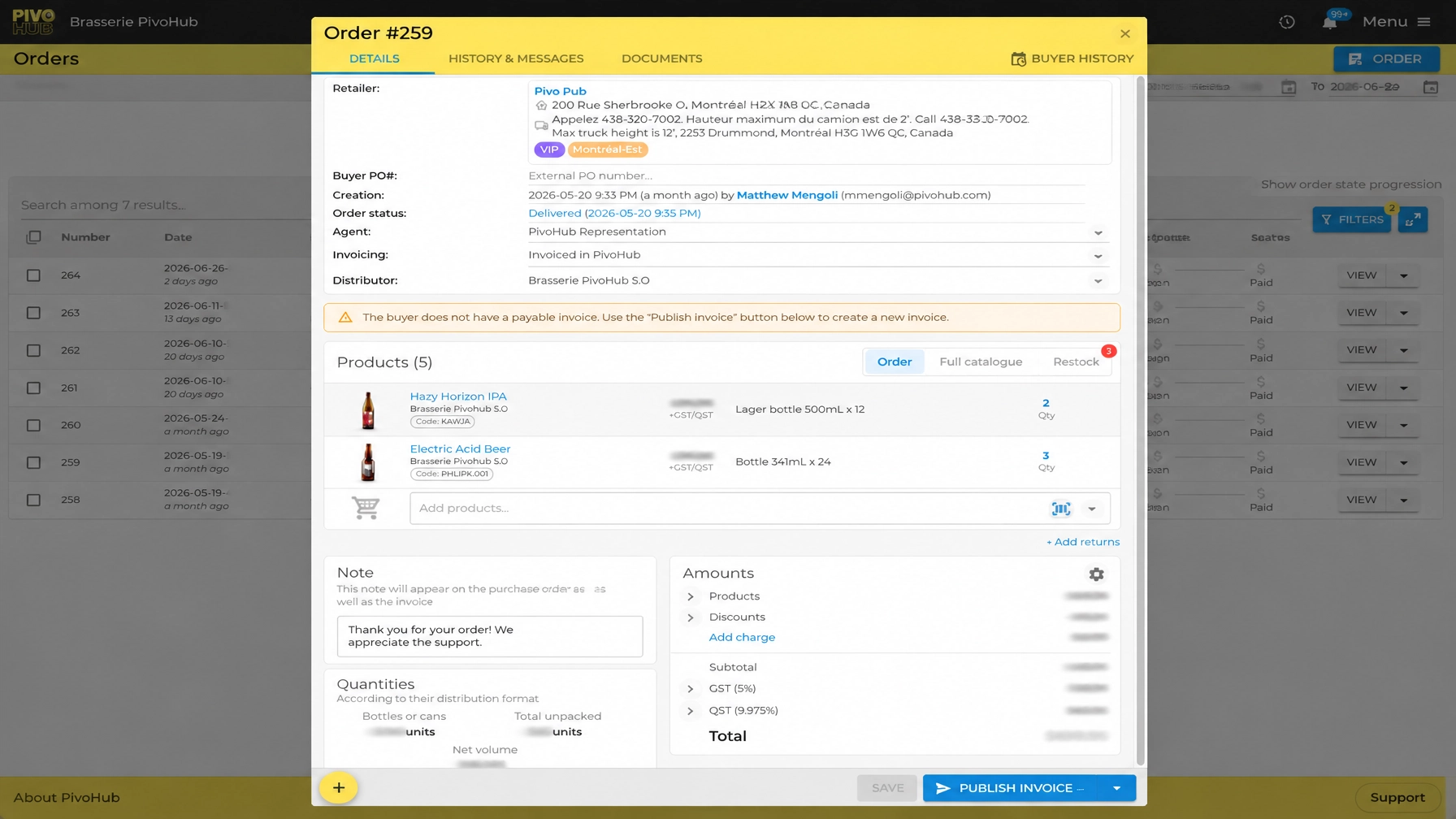 PivoHub order management view connecting order details, fulfillment, and invoicing