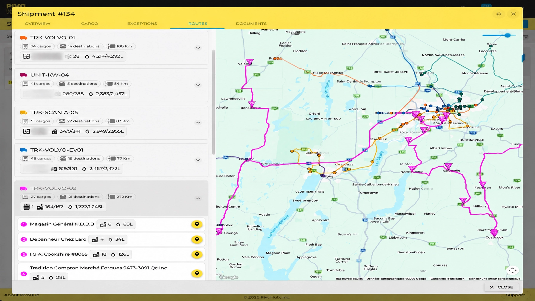 PivoHub route planning interface for food and beverage deliveries