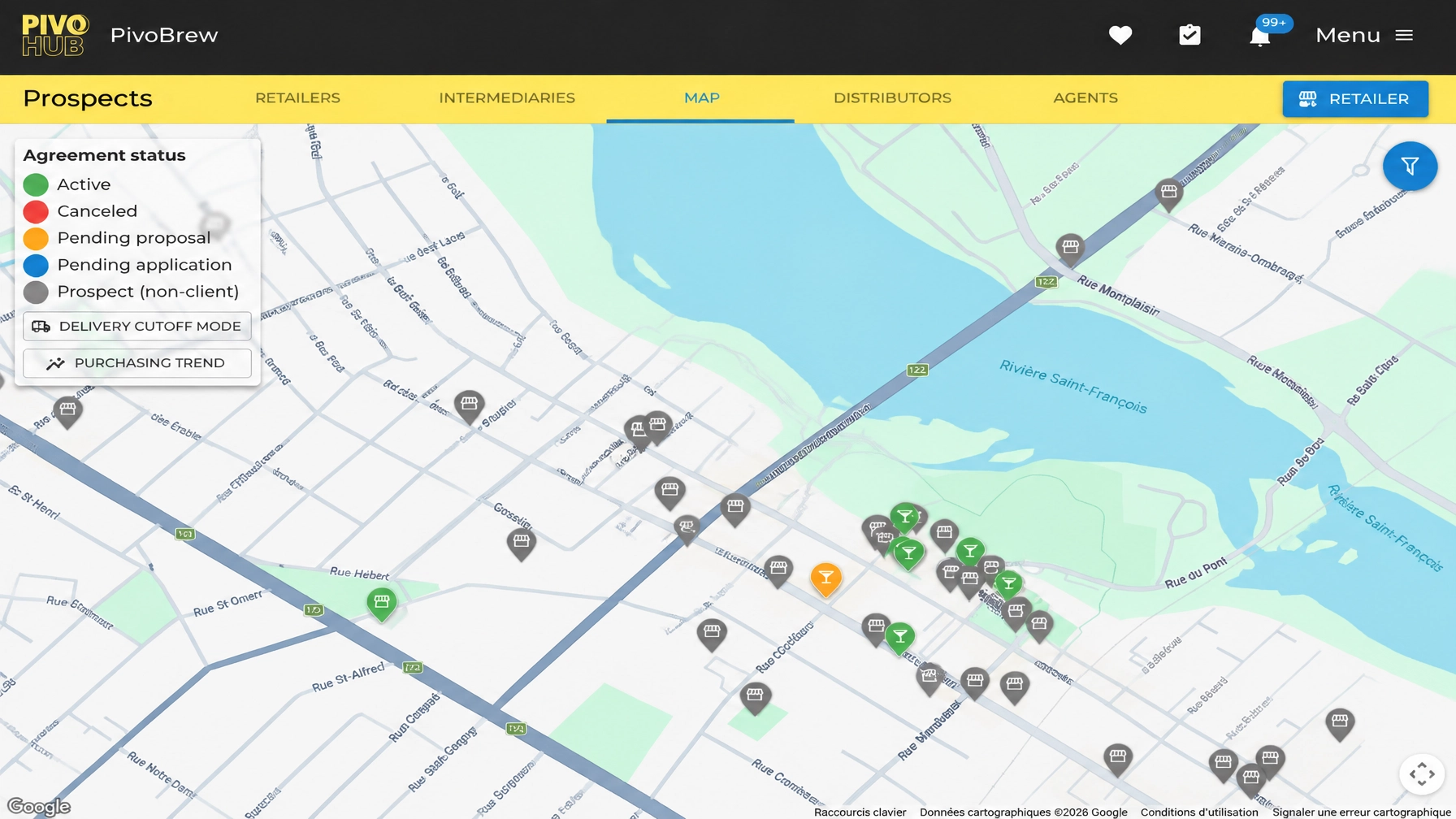 PivoHub prospect map showing retailers by agreement status and location