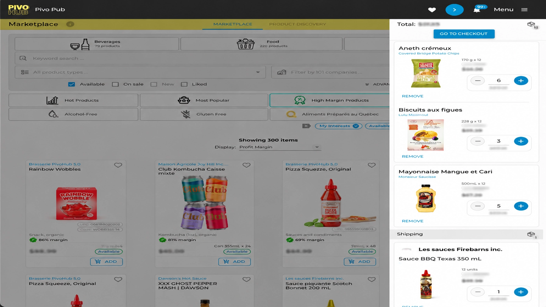 PivoHub marketplace with multi-supplier catalog and checkout cart