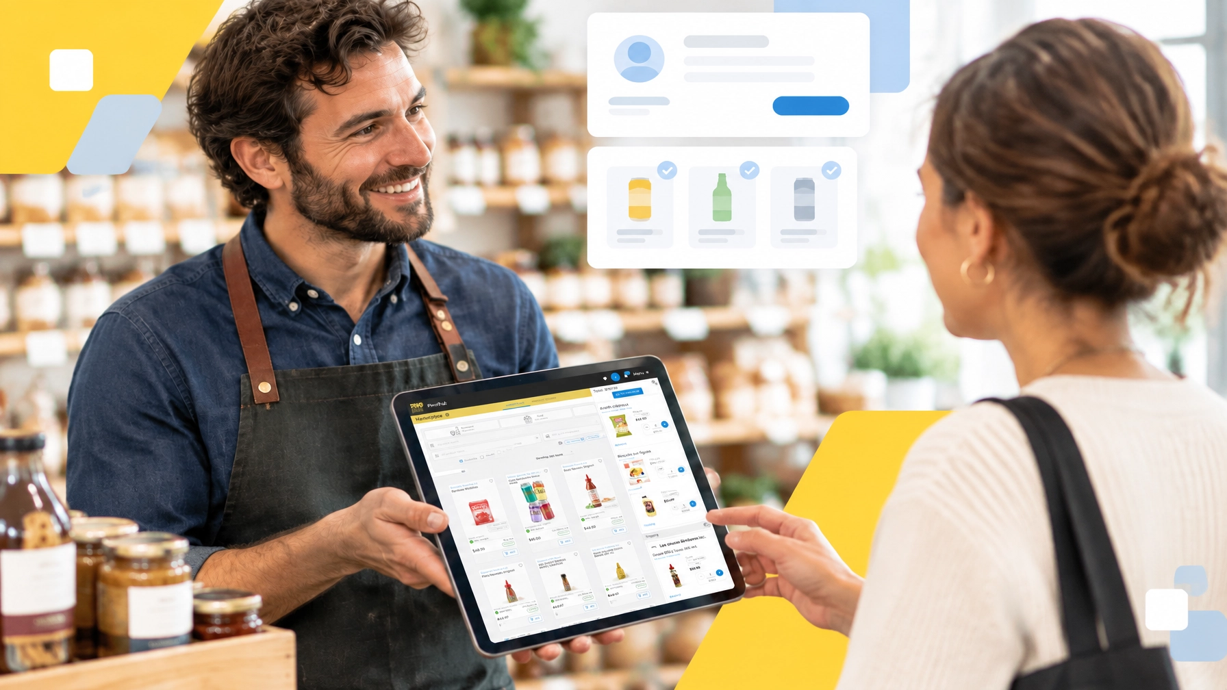 A food producer and retail buyer reviewing a streamlined account activation process