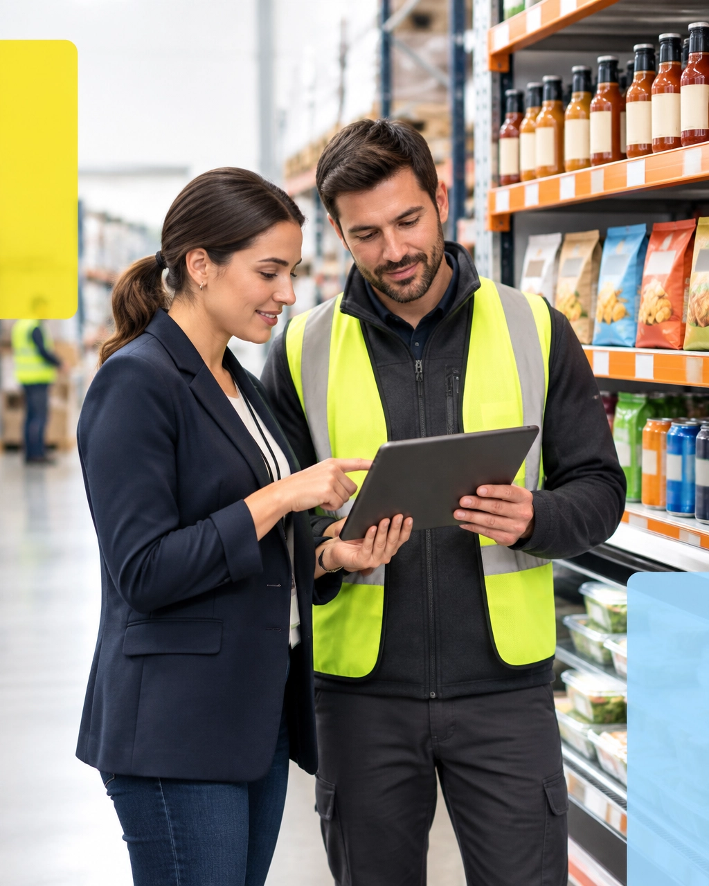 Sales representative and warehouse coordinator reviewing inventory availability