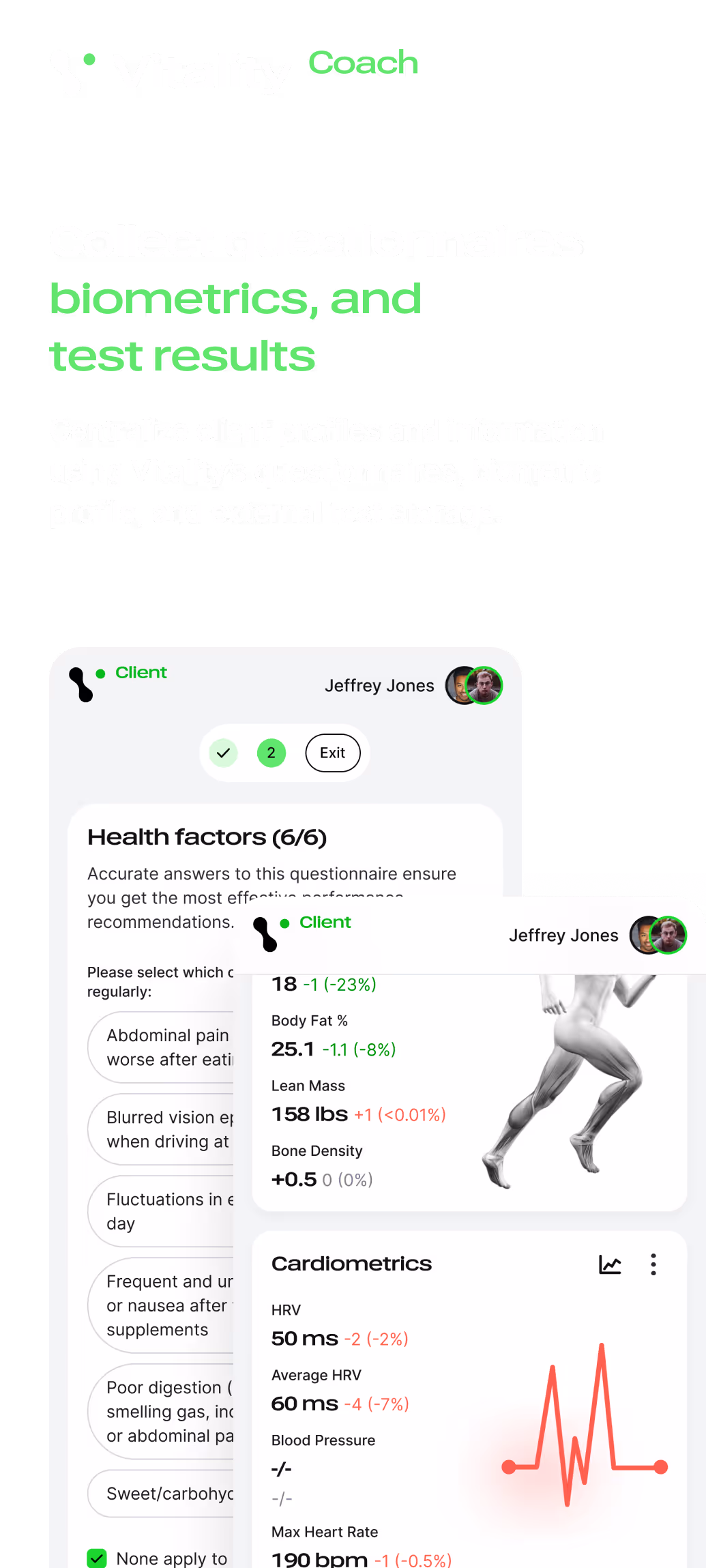 Vitality Coach app screen showing client health questionnaire with biometric data, including body fat percentage, lean mass, bone density, and cardiometrics like HRV and heart rate.