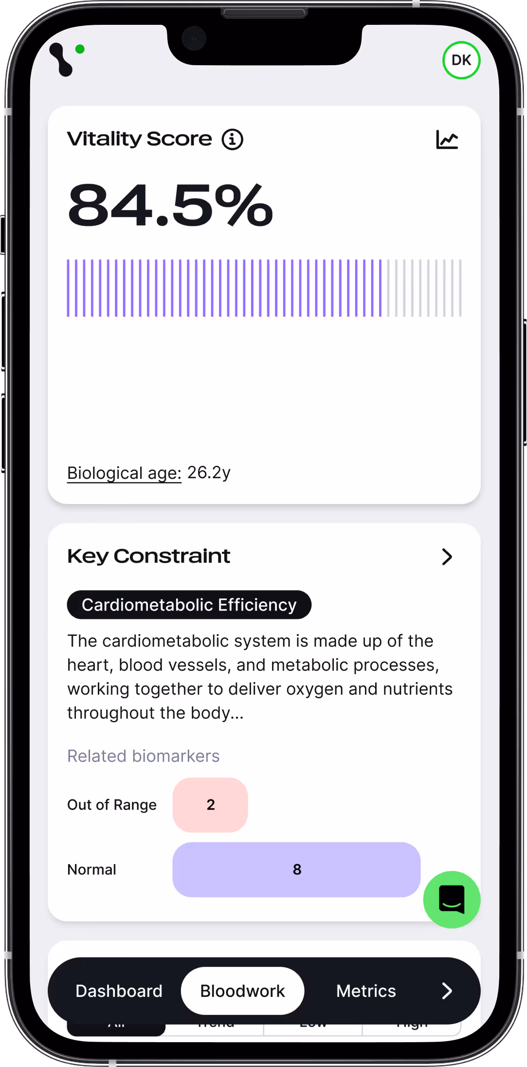 Smartphone screen showing a health app with a Vitality Score of 84.5%, biological age 26.2 years, and details on cardiometabolic efficiency including 2 biomarkers out of range and 8 normal.