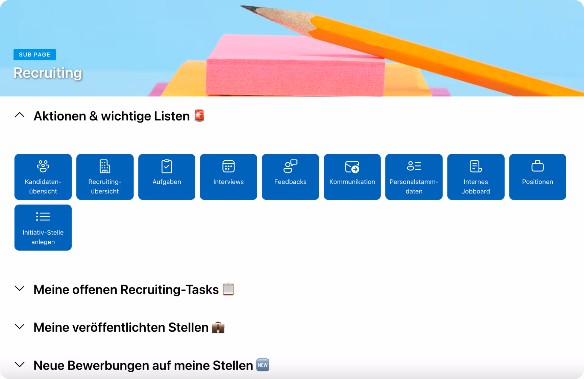 Screenshot zeigt die Recruiting-Seite in pemundo mit wichtigen Aktionen und Listen.
