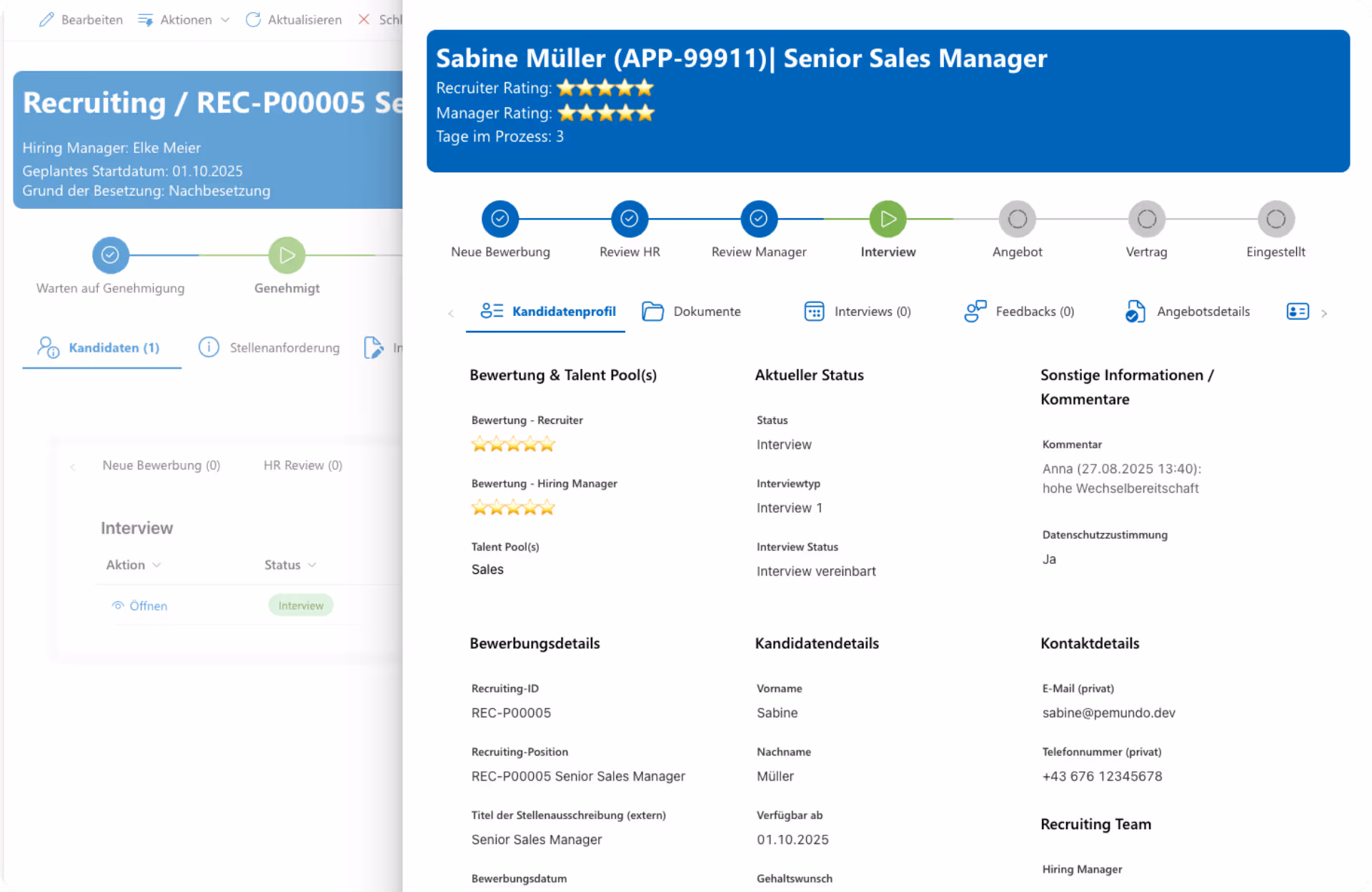 Screenshot zeigt eine Kandidatin im Recruiting-Modul von pemundo.