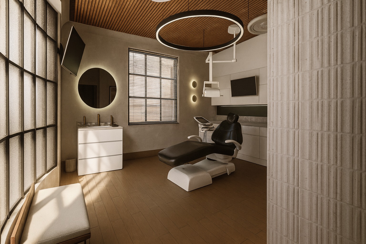 Modern dental clinic room with black dental chair, circular ceiling light, frosted glass window, white cabinetry, and round illuminated mirror.