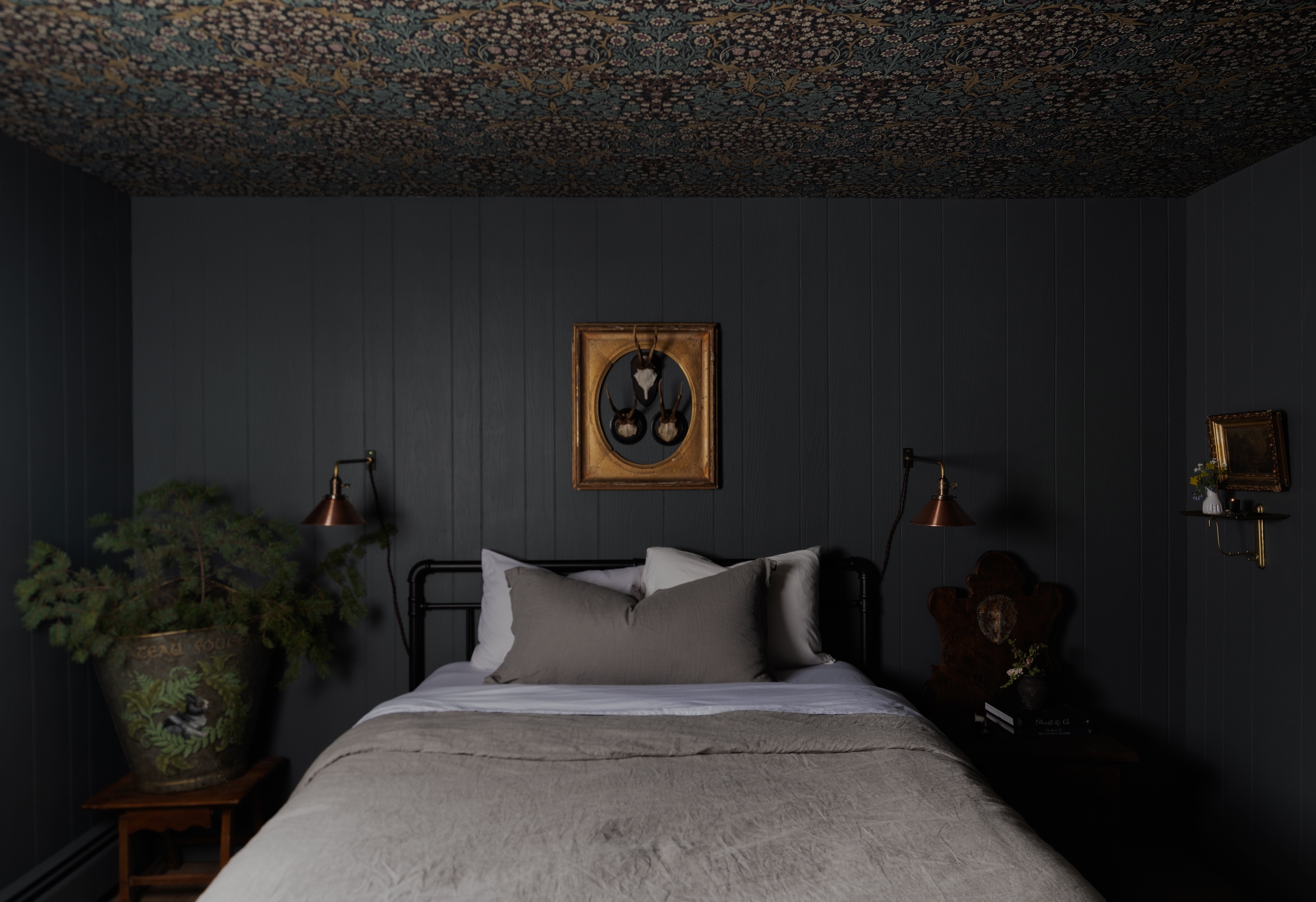 Bedroom with dark gray paneled walls, patterned ceiling, bed with gray and white bedding, framed animal skulls above, and bedside tables with plants and books.
