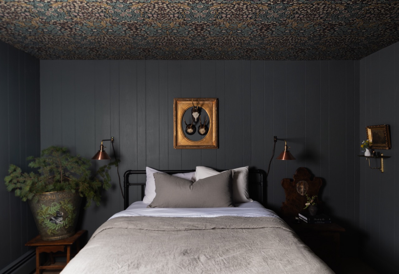 Dark bedroom with a floral patterned ceiling, a bed with beige bedding, two mounted wall lamps, and a framed set of small antlers above the bed.