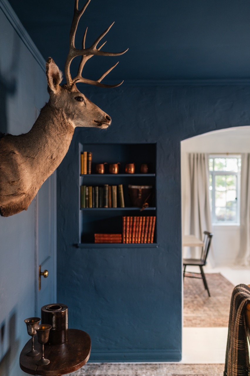 Interior room with blue walls featuring a mounted deer head, built-in bookcase with books and copper mugs, and a small wooden table with two metal goblets.