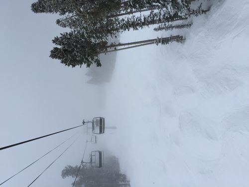 Empty ski lift chairs above a snow-covered slope with trees on the right in foggy weather.