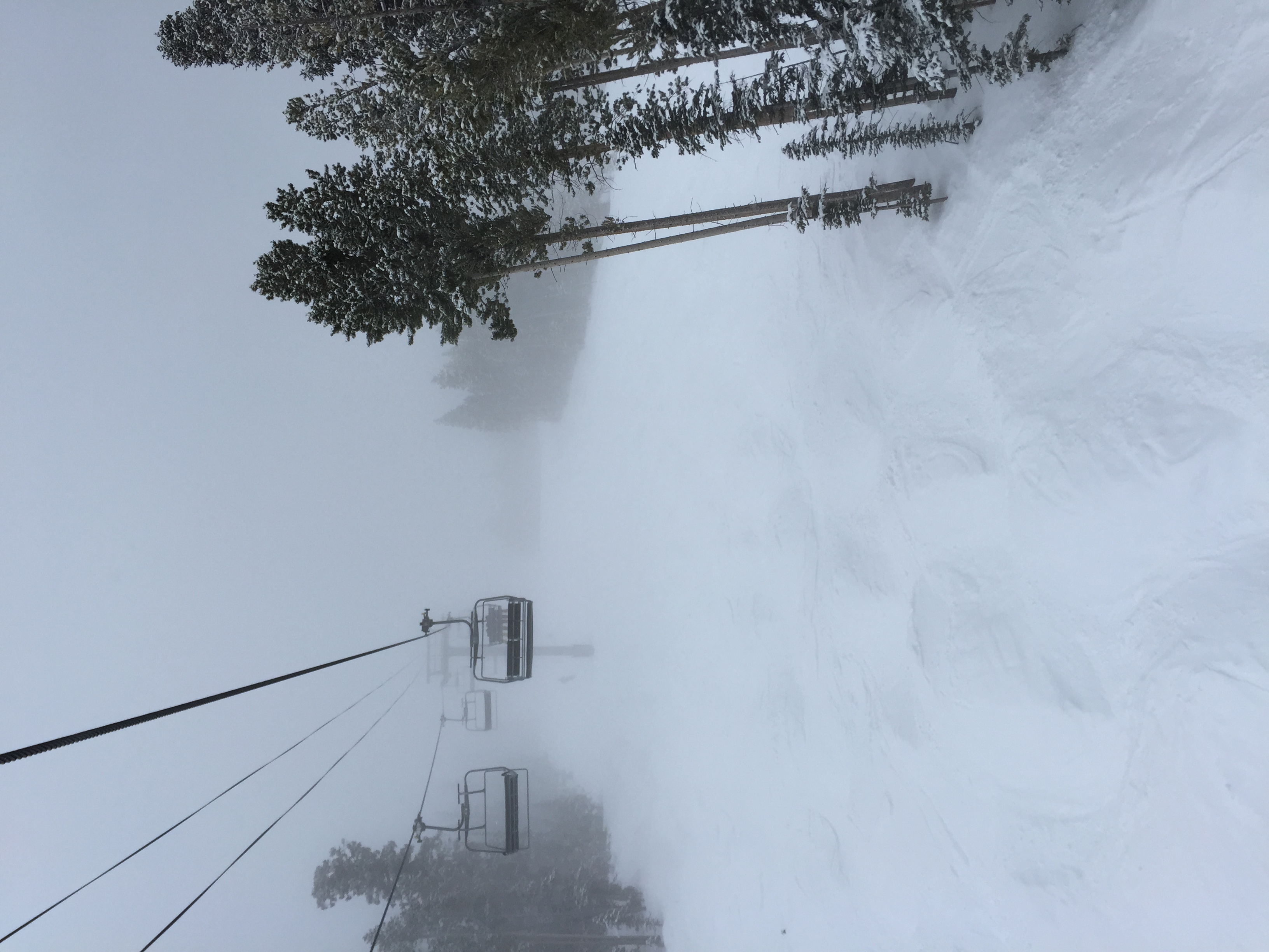 Empty ski lift chairs above a snow-covered slope with trees on the right in foggy weather.